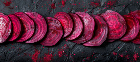 Vibrant beetroot flat lay arrangement on wooden kitchen table in stock photo for culinary conceptの素材