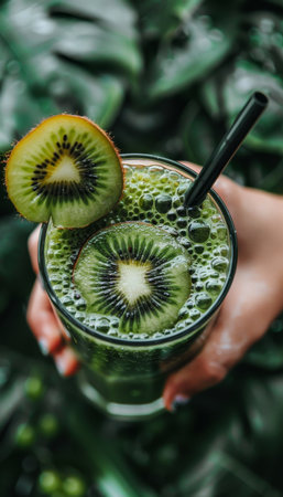 Selective focus on green kiwi smoothie  detox diet vegetarian food for healthy eatingの素材