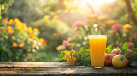 Fresh apple juice in glass with mint leaves on blurred background, perfect for text placementの素材