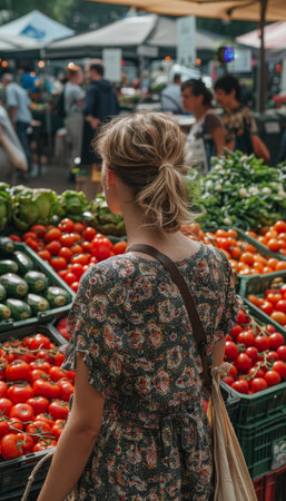 Unidentified person with eco bag buying assorted fresh produce at local farmers marketの素材