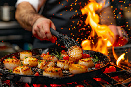 Chef preparing grilled scallops in creamy lemon butter or spicy cajun sauce with herbsの素材