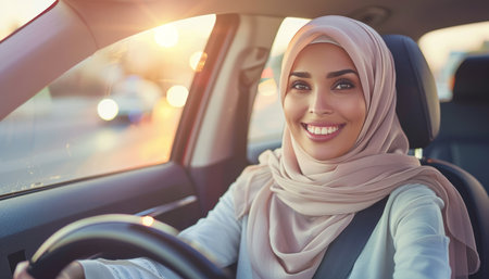 Diverse woman in turban driving car  middle eastern culture and healthy lifestyle representationの素材