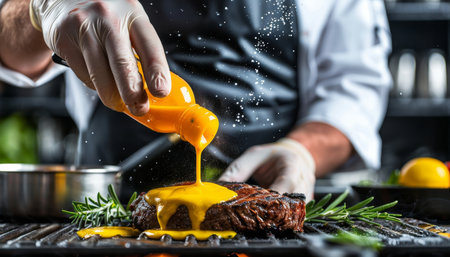 Chef preparing grilled steak in creamy butter lemon or cajun spicy sauce with herbs and garnishの素材