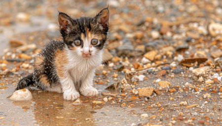 Lonely stray kitten in rain seeks pet adoption, shelter  plea for rescue, help, charity for petsの素材