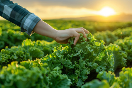 Unidentified chef harvesting fresh and ripe organic vegetables at a scenic rural farmの素材