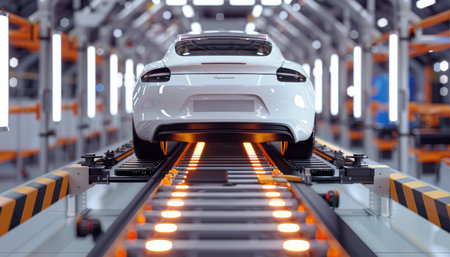 Futuristic electric car factory with automated robotics production line and efficiency statisticsの素材
