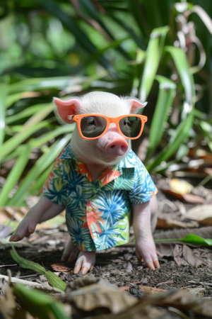 Adorable pig in stylish orange sunglasses and colorful hawaiian shirt for a fun and trendy lookの素材