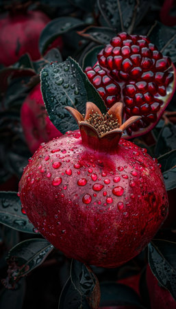 Macro close up of pomegranate fruit on tree with dew drops, ideal for banner with text spaceの素材