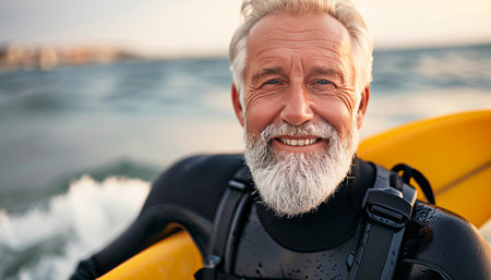 Elderly man with surfboard enjoying sunset on beach  lifestyle, sport, vacation, and travel conceptの素材