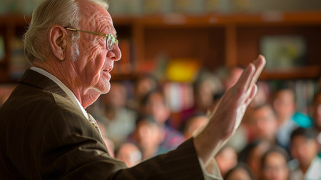 Elderly leader s expressive speech inspires hyperrealistic audience in community centerの素材