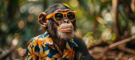 Stylish chimpanzee in vibrant attire  orange sunglasses and colorful hawaiian shirtの素材