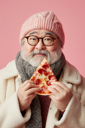 Elderly man enjoying tasty pizza against soft colored background with space for textの素材