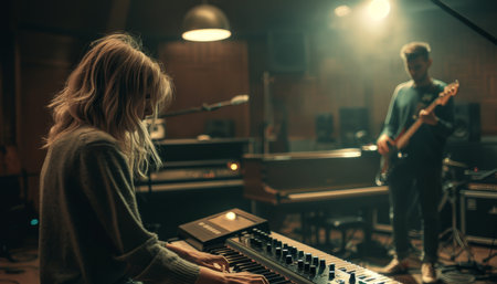 Woman playing piano with man on guitar in blurred music studio, ideal for text placementの素材