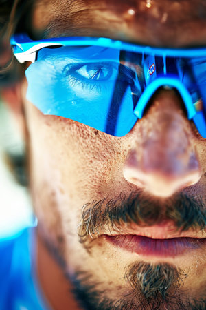 Cyclist s intense focus in sunglasses, highlighting concentration in summer olympics sport conceptの素材