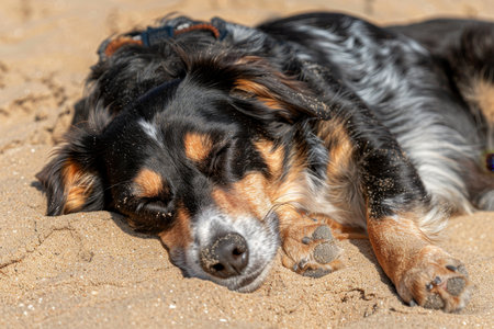 Pedigree puppy relaxing on sandy beach with ocean view in tropical summer vacationの素材