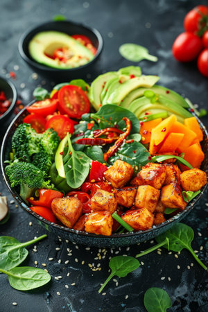 Wholesome vegan buddha bowl with avocado, mushrooms, broccoli, and spinach for a nutritious lunchの素材