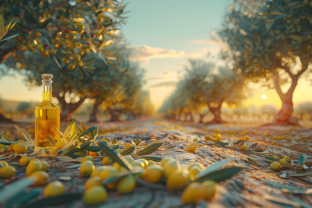 Golden olive oil bottles in rural field under morning sun, wide banner with copy spaceの素材