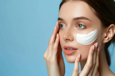 Woman applying skincare routine, diligently enhancing her natural beauty and skin healthの素材