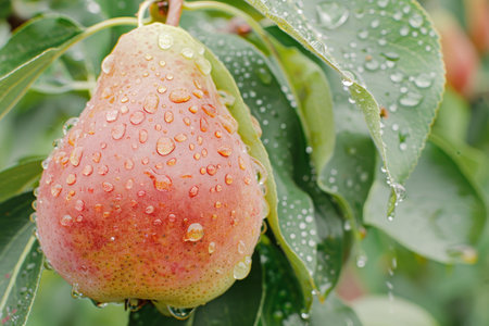 Macro shot of fresh pear with dew on tree, wide banner with copy space for text placementの素材