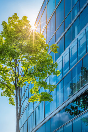 Sustainable glass office building with tree in eco friendly urban setting for carbon reductionの素材