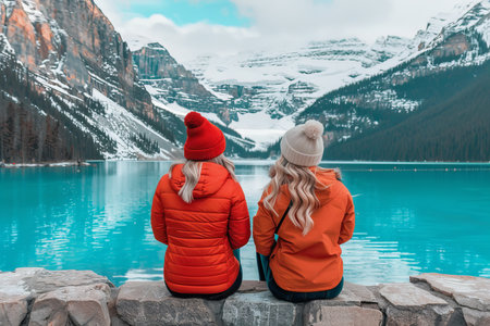 Two friends appreciating majestic mountain scenery from the edge of an alpine lakeの素材
