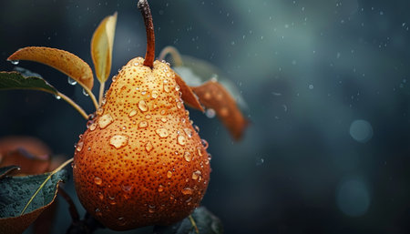 Macro close up of fresh pear with water droplets on tree, ideal wide banner with space for textの素材