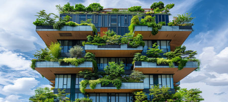 Sustainable glass office building in urban setting with tree for carbon reductionの素材