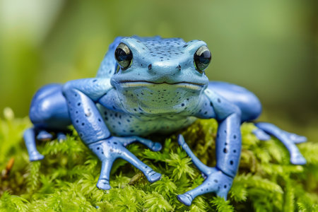 Vibrant blue poison dart frog dendrobates tinctorius azureus on lush green moss in macro close upの素材
