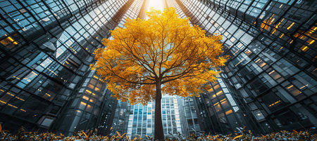 Sustainable glass office building in urban environment with tree for carbon reductionの素材