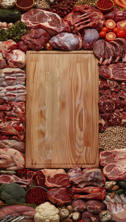 Assorted meat cuts on tray in butcher shop with blank tags, wide banner for pricing, copy spaceの素材