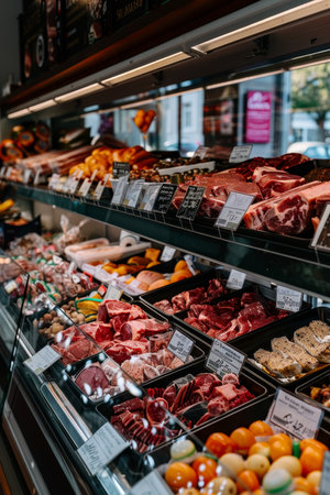 Assorted meat cuts on wooden tray in market with empty price tags   wide banner with copy spaceの素材