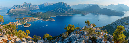 Tranquil island panorama with sandy beaches, green hills, comical land form, seen at dawnの素材