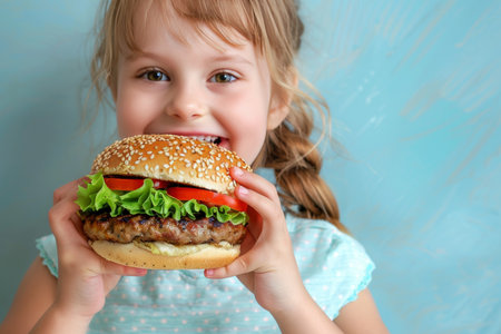 Girl enjoying tasty burger in vibrant portrait on soft background with ample text spaceの素材