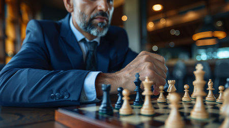 Focused executive strategizing at chessboard with close up of pieces and thoughtful expressionの素材