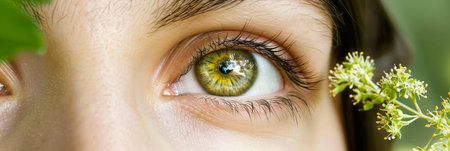 Intense gaze  woman s eye amidst lush greenery and vibrant flowers in close up viewの素材