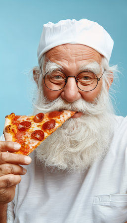 Elderly man enjoying pizza  vibrant portrait on pastel background with room for textの素材
