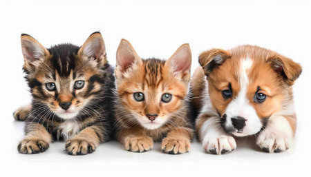 Assorted cats and dogs studio shot on white background with copy space for versatile usageの素材