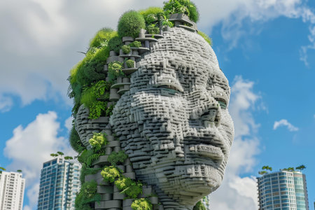 Sustainable cityscape with green energy and futuristic human head sculpture on mountainの素材