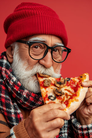 Senior man enjoying delicious pizza on pastel background, ample space for text placementの素材