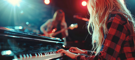 Musical duo performing, woman playing piano, man with guitar in studio background, perfect for textの素材