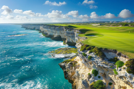 Picturesque golf course on clifftop with iconic rock arches and stunning ocean viewsの素材
