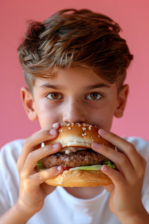 Young boy enjoying tasty burger against soft colored backdrop with space for textの素材