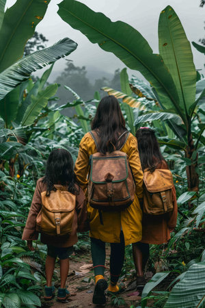 Teacher and students exploring nature in lush forest during educational school tripの素材