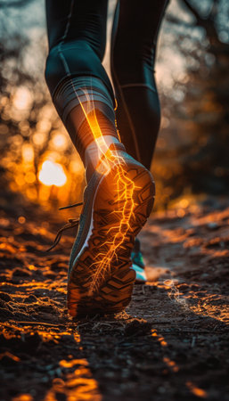 Female runner injures calf muscle and ligament while running, foot with orange bone on dirt pathの素材