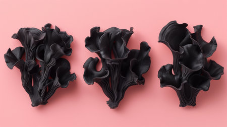 Black trumpet mushroom   craterellus cornucopioides   on soft pastel colored backgroundの素材