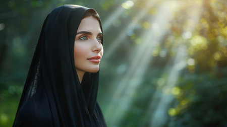 Graceful portrait of hijab wearing woman with blurred background, ideal for text placementの素材