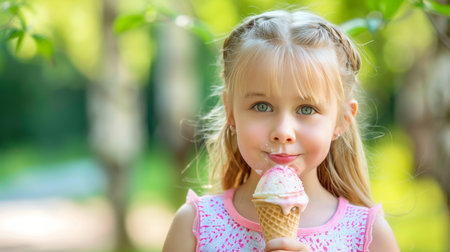 Girl delighting in ice cream in urban park with abundant room for text placementの素材