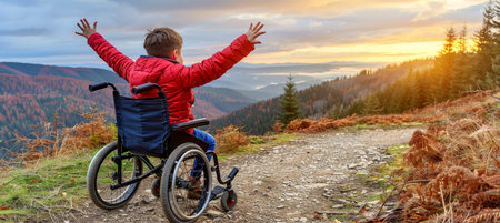 Child in wheelchair embracing the sunset with majestic mountains in the backgroundの素材