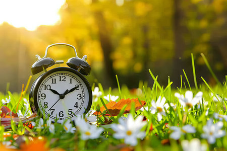 Summer to fall transition with alarm clock on nature background as daylight saving time endsの素材