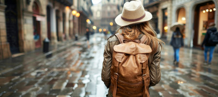 Solo backpacker exploring old town streets in spain  young traveler girl on vacationの素材